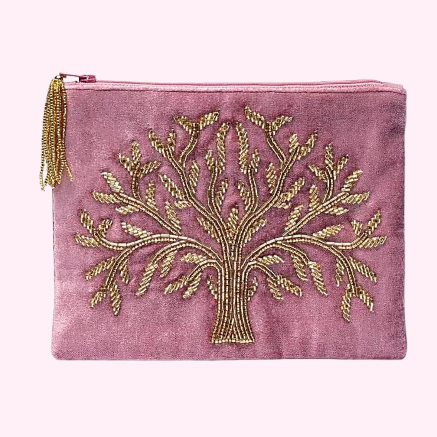 Tasche mit Reißverschluss aus Samt mit Perlenstickerei - Baum des Lebens