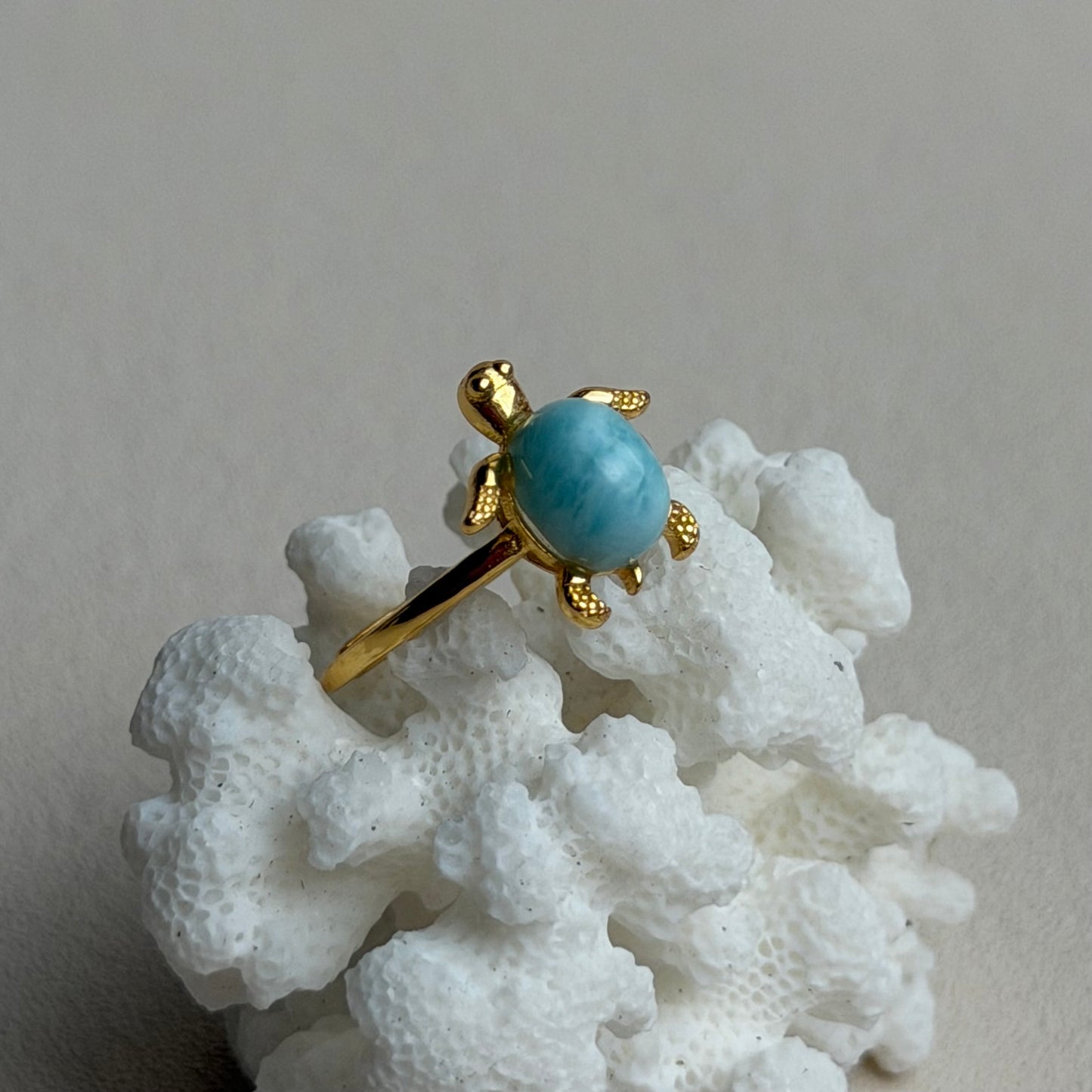Larimar Schildkröten Ring - 925 Silber Vergoldet - Größenverstellbar