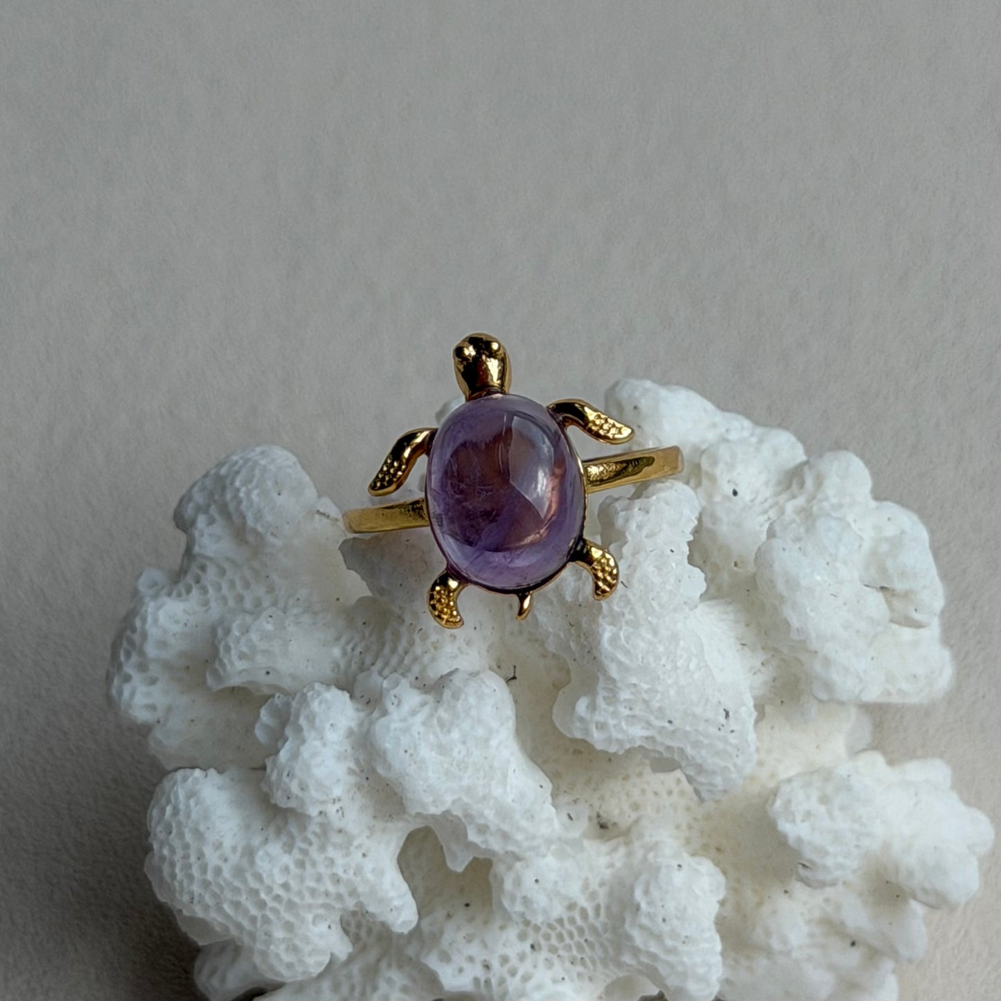 Amethyst Schildkröten Ring - 925 Silber Vergoldet - Größenverstellbar