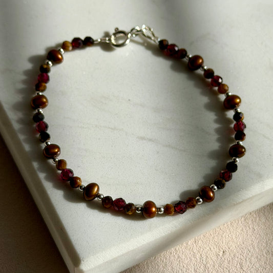 OPORA Armband – Tigerauge, Perle & Granat - 925 Silber