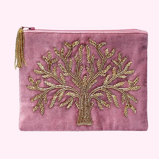 Tasche mit Reißverschluss aus Samt mit Perlenstickerei - Baum des Lebens
