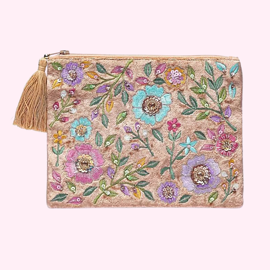 Tasche mit Reißverschluss aus Samt mit Perlenstickerei - Blumen