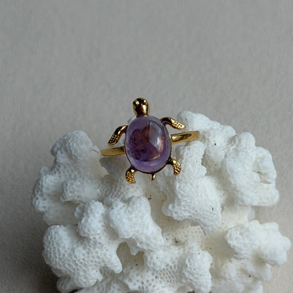 Amethyst Schildkröten Ring  - 925 Silber Vergoldet - Größenverstellbar