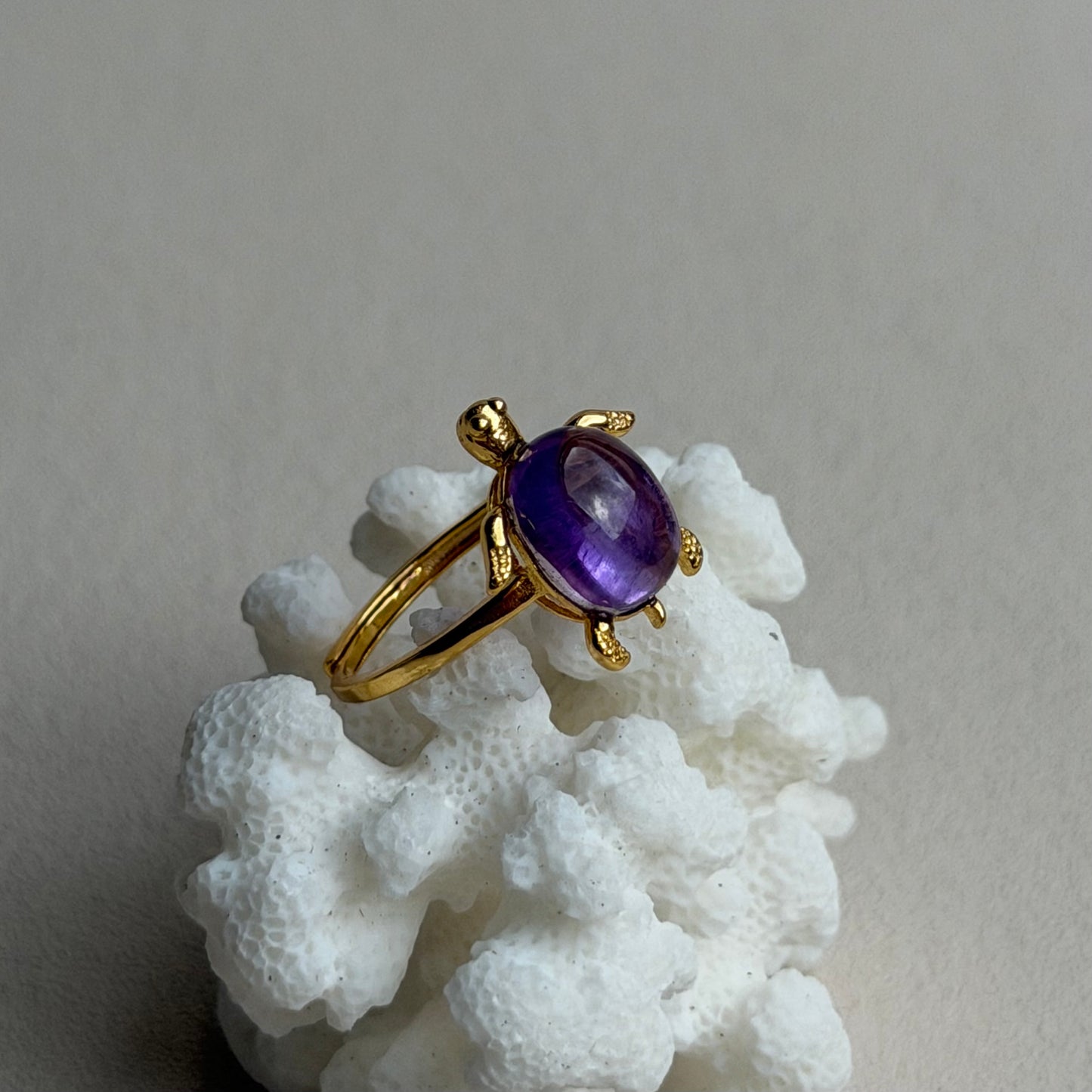 Amethyst Schildkröten Ring  - 925 Silber Vergoldet - Größenverstellbar