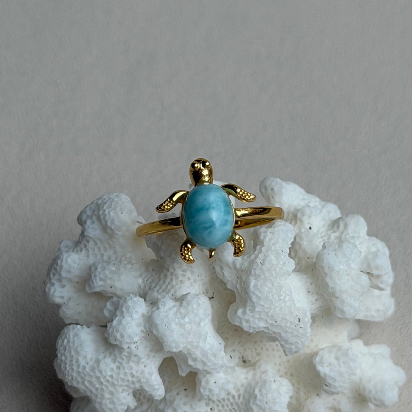 Larimar Schildkröten Ring  - 925 Silber Vergoldet - Größenverstellbar