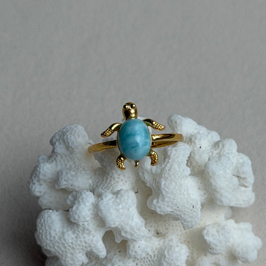 Larimar Schildkröten Ring  - 925 Silber Vergoldet - Größenverstellbar