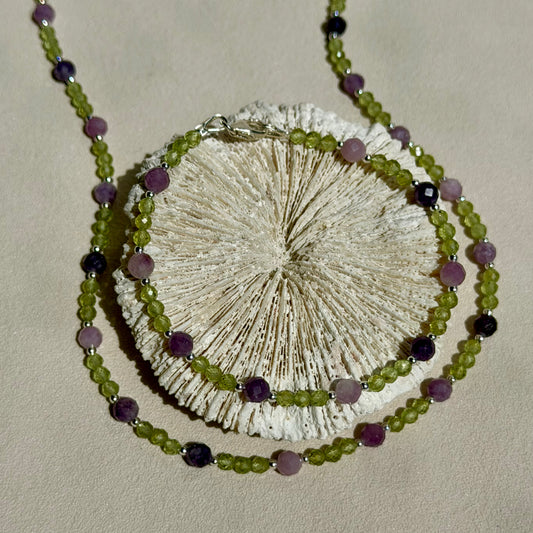 THALEIA - Halskette - 925 Silber - Peridot & Lepidolit